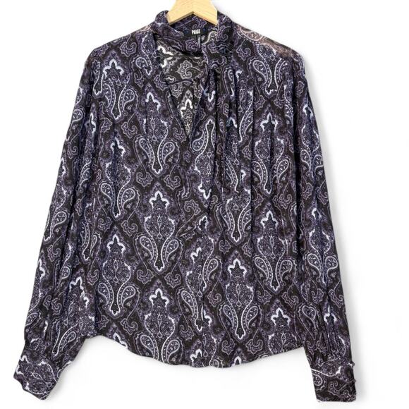 Paige Cleobelle Blouse Black Purple Paisley Silk Tie Neck L Moody Romantic Goth - Picture 2 of 10